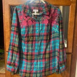 D & Co. 1X Plaid Patchwork Blouse